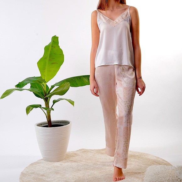 NWT Silk Satin Pajamas Women Lace Trim Cami Set with Pants - Picture 1 of 3